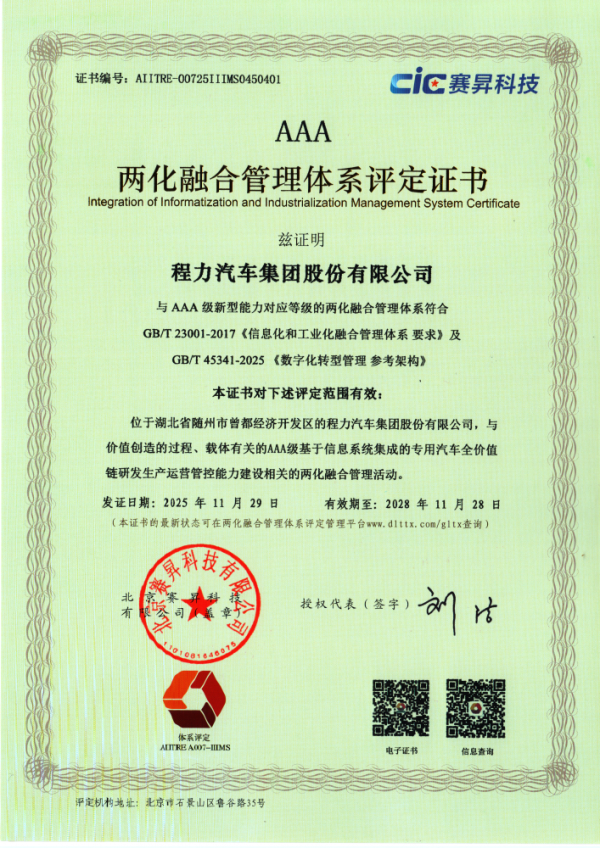 两化融合管理体系评定证书AAA（集团）